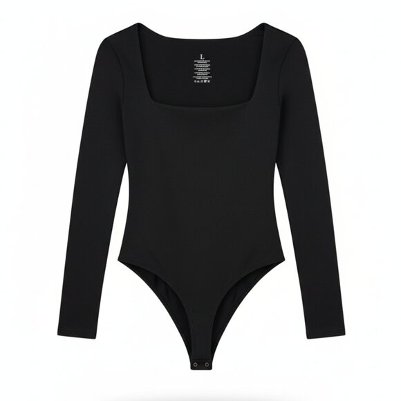 NWOT | Classic Black Square Neck Long Sleeve Thong Bodysuit Stretch Knit | Large - Picture 1 of 4